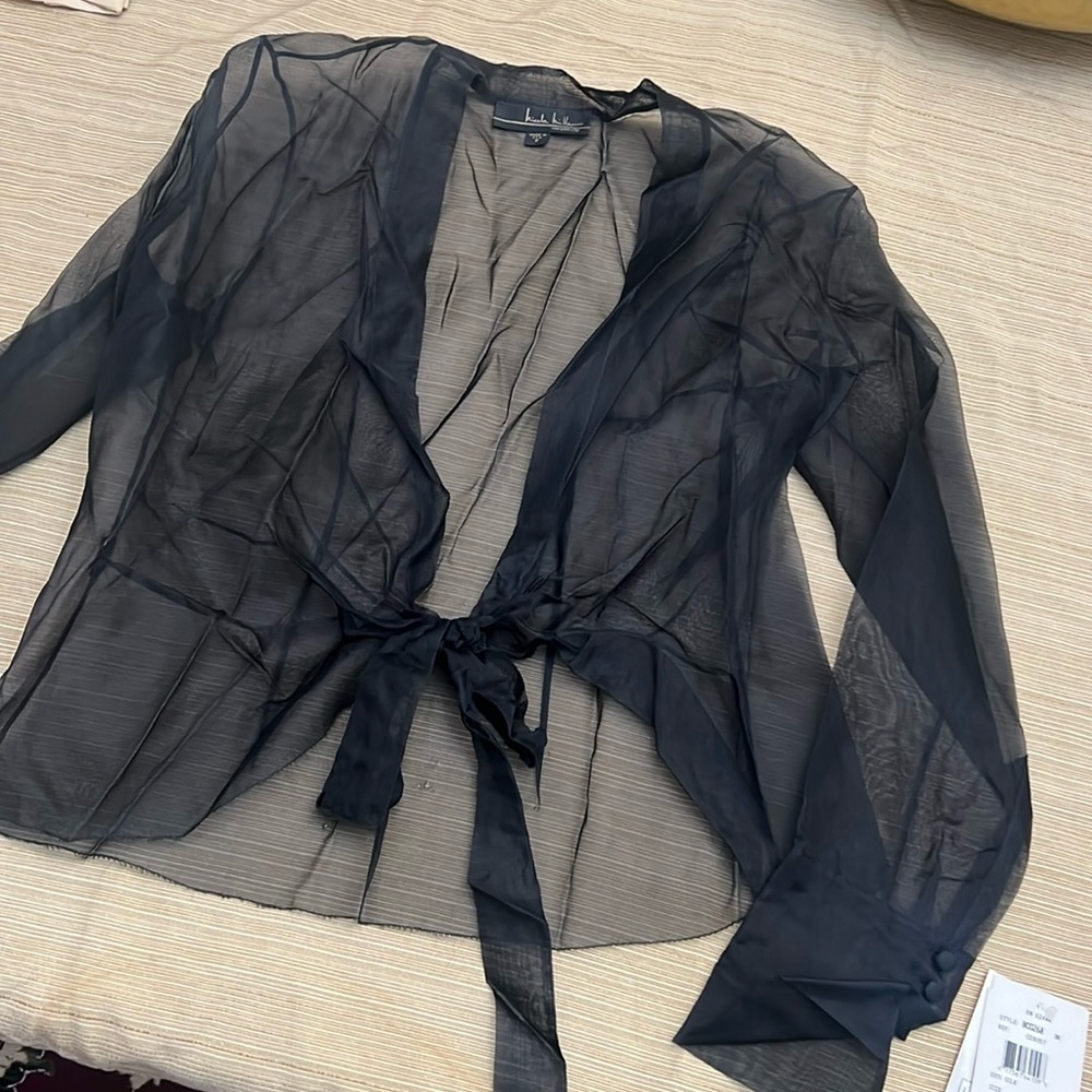 Nicole Miller black top 100% Silk Size 8 black Ripped top see through style top
